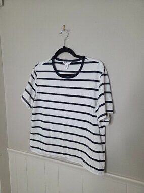 ATHLETA Navy Blue White Stripe Short Sleeve Tee